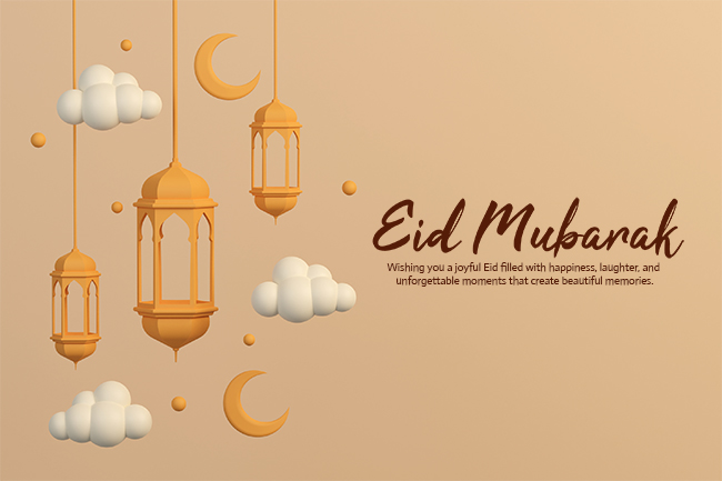 Wishing you a joyful Eid filled with happiness, laughter, and unforgettable moments that create beautiful memories.